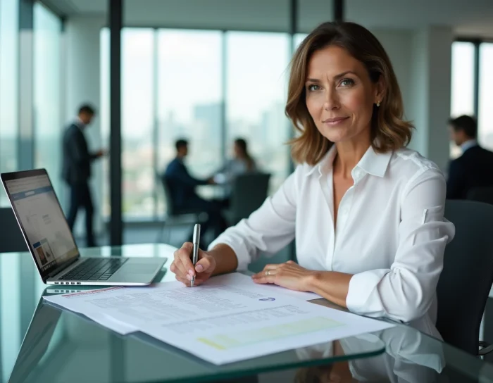 Femme cadre annotant une liste d'offres d'emploi dans un bureau moderne avec vue sur la ville