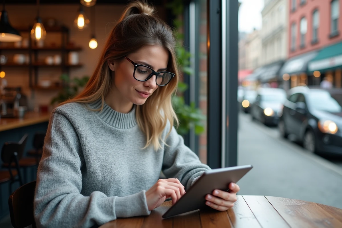 Femme dans un café regardant sa tablette