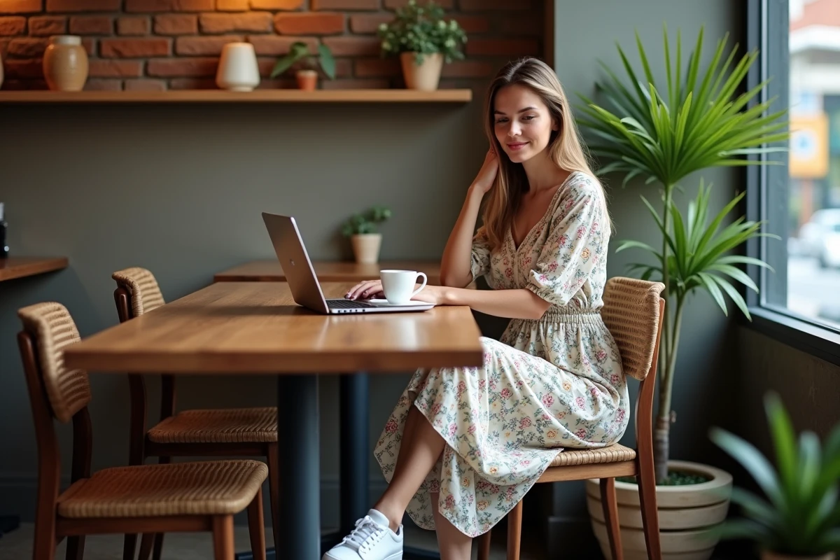 Jeune femme en robe fleurie au café avec ordinateur