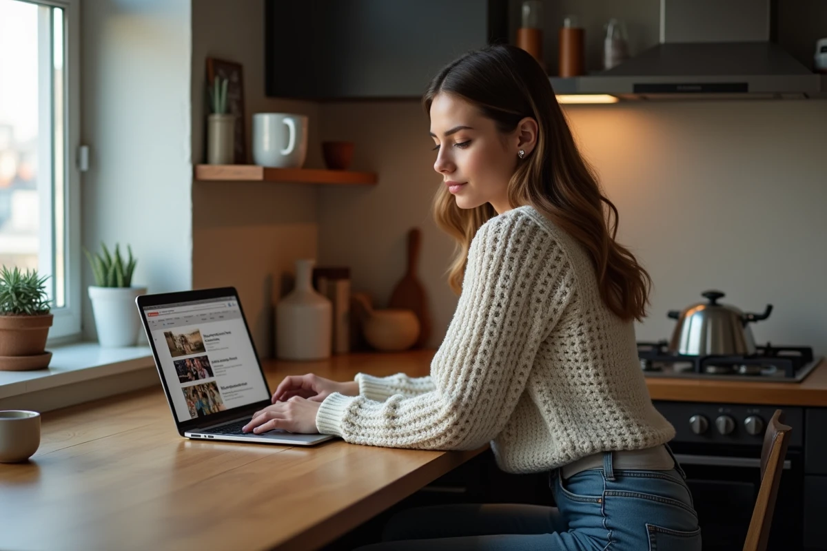 Jeune femme utilisant un ordinateur dans une cuisine chaleureuse