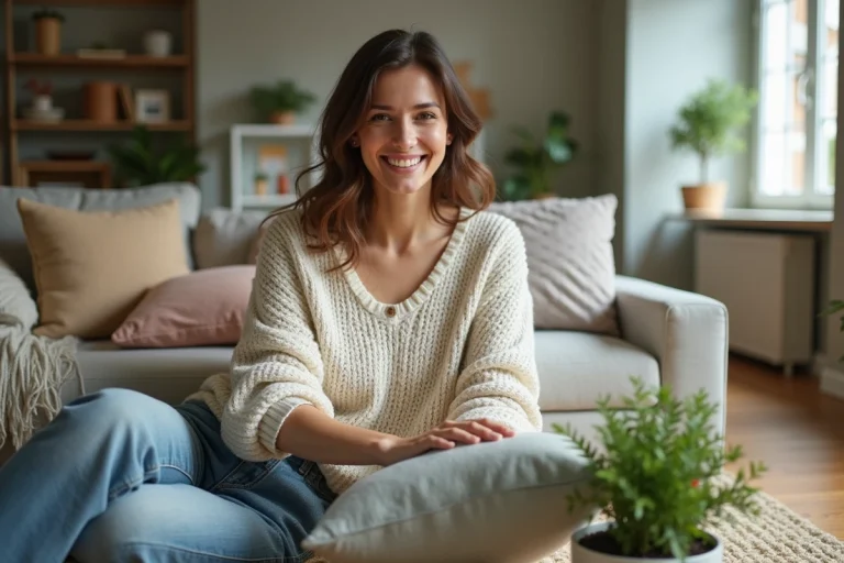 Femme arrangeant des coussins dans un salon moderne
