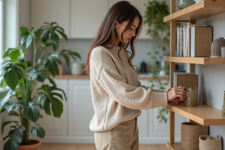 Femme arrangeant des objets decoratifs dans un salon minimaliste