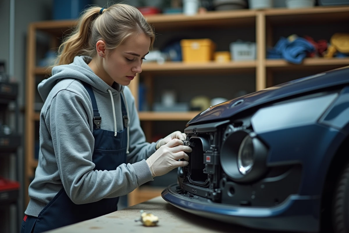 Jeune femme déconnecte le feu fog Peugeot 308 en garage