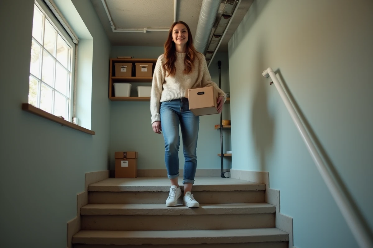 Jeune femme descendant des escaliers dans un sous-sol moderne