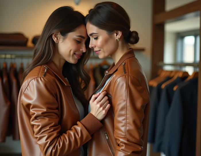 Femme essayant un bombers Schott cognac en boutique, zoom sur les détails de coupe et de finition