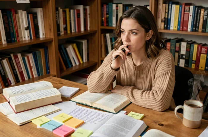 Jeune femme étudiant les connecteurs logiques français avec des livres de grammaire et des notes manuscrites sur un bureau en bois