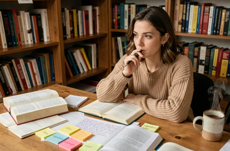 Jeune femme étudiant les connecteurs logiques français avec des livres de grammaire et des notes manuscrites sur un bureau en bois