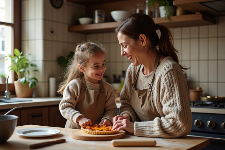 Femme et fille préparant une tarte flambée dans une cuisine alsacienne