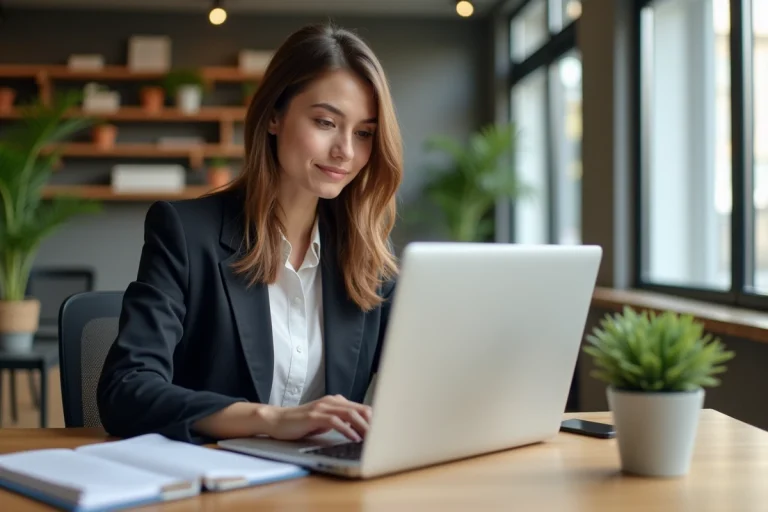 Jeune femme professionnelle utilisant un ordinateur pour rechercher un bien immobilier