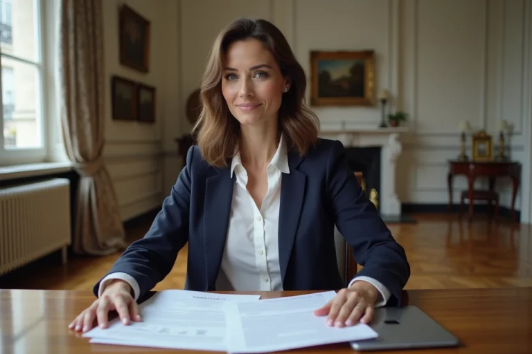 Femme confiante en blazer navy examine documents immobiliers