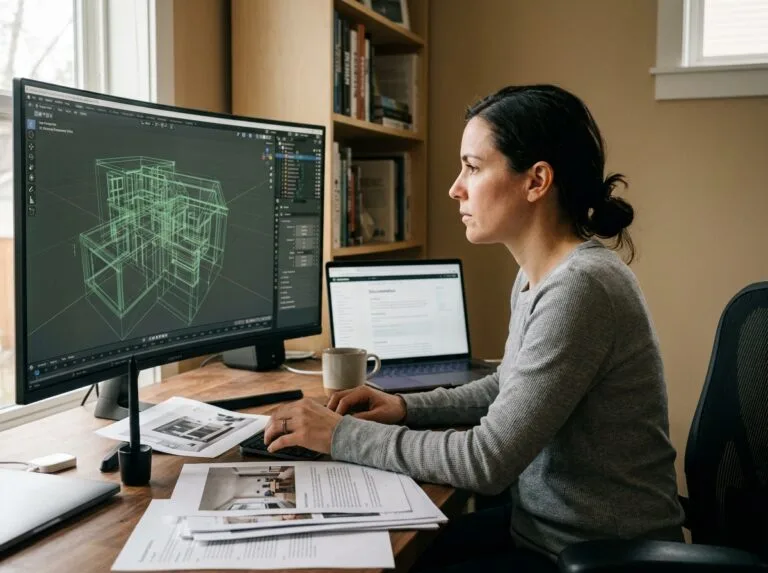 Femme infographiste 3D travaillant sur un logiciel de modélisation sur grand écran dans un studio à domicile