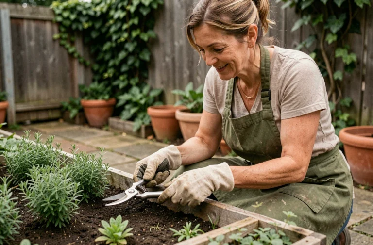 Femme jardinière examinant un sécateur en acier inoxydable dans un jardin potager surélevé en bois