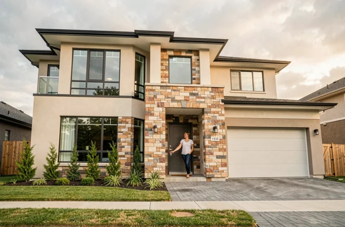 Femme heureuse devant sa maison neuve fraîchement construite avec une façade moderne et un jardin soigné