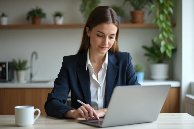 Femme en blazer bleu remplit un formulaire de crédit en ligne