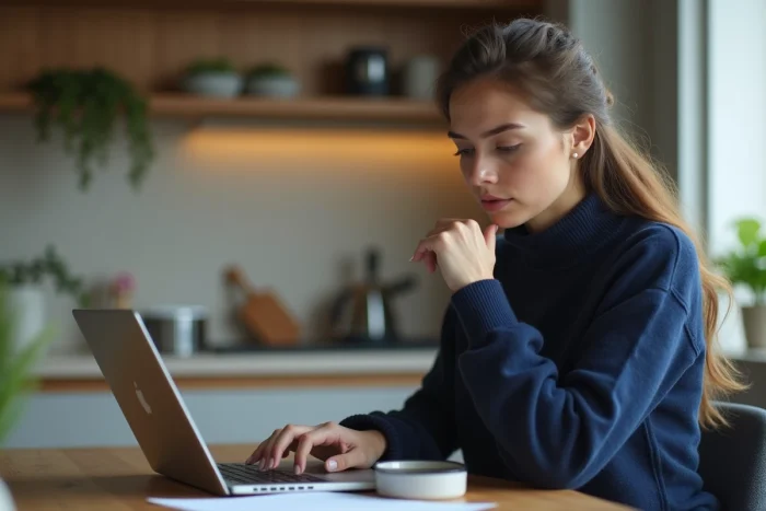Jeune femme concentrée sur un formulaire de réservation en ligne