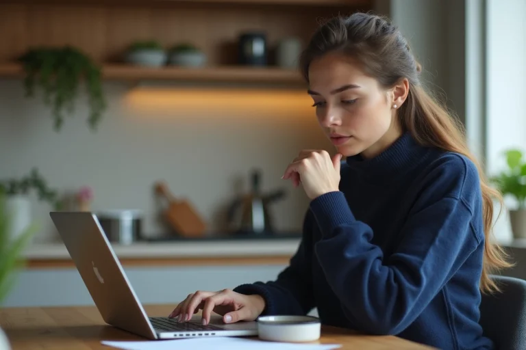 Jeune femme concentrée sur un formulaire de réservation en ligne