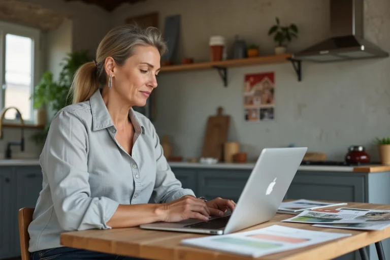 Femme utilisant une plateforme en ligne pour planifier une rénovation de maison depuis sa cuisine en travaux