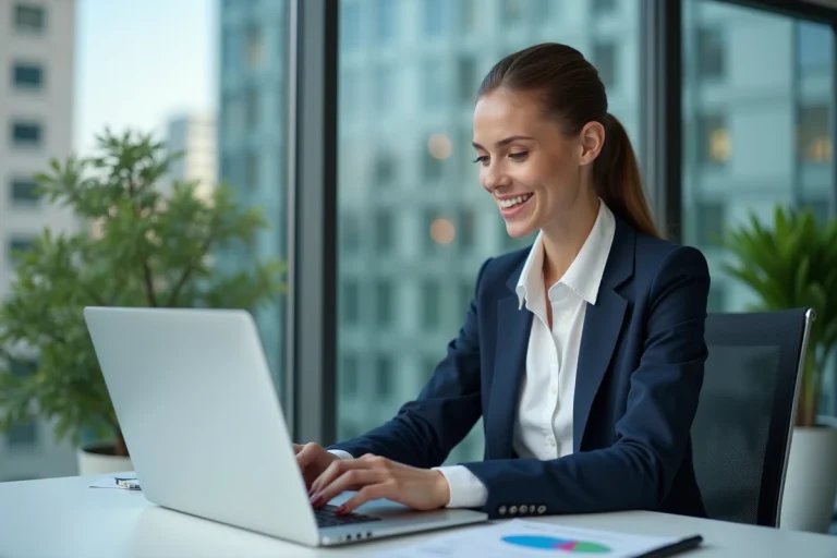 Jeune femme professionnelle analysant un tableau digital marketing