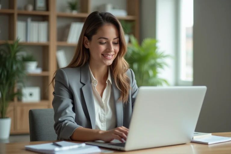 Femme professionnelle au bureau en ligne immobilière