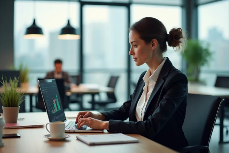 Femme professionnelle consultant son portail financier sur un ordinateur portable dans un bureau moderne