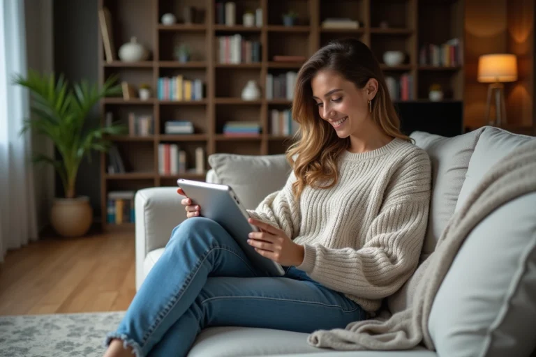 Femme souriante avec tablette dans un salon moderne