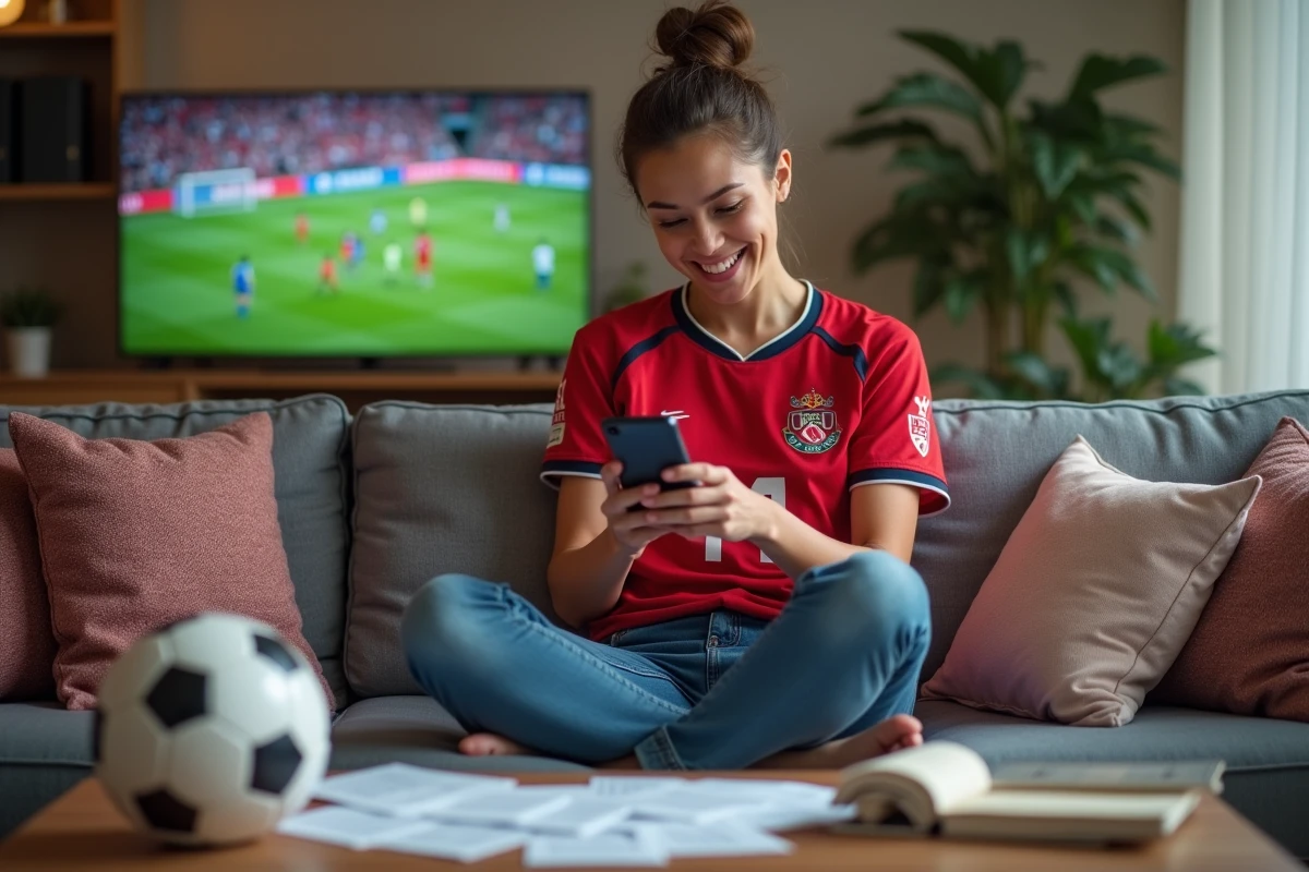 Femme souriante célébrant un pari sportif gagnant