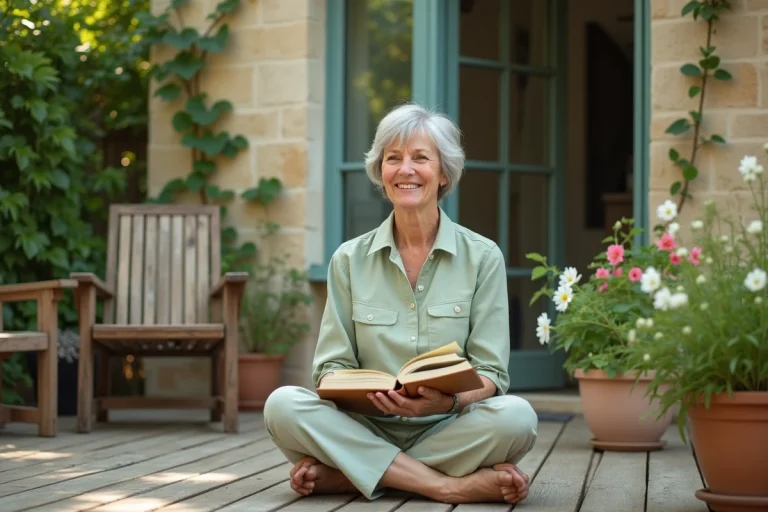 Femme senior épanouie lisant un livre dans son jardin verdoyant, illustrant le bien-être et la sérénité à la retraite