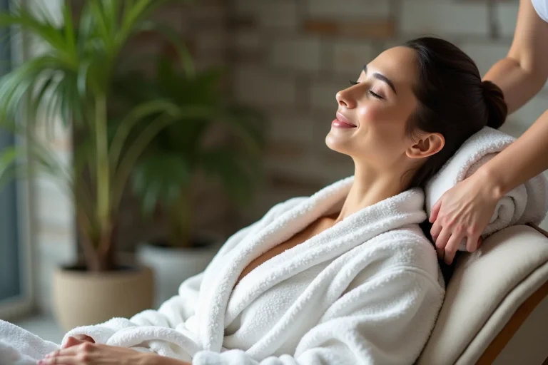 Femme en robe blanche lors d'un massage relaxant au spa