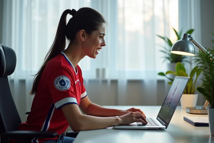 Jeune femme regardant un match de football en direct sur un ordinateur portable depuis son bureau à domicile