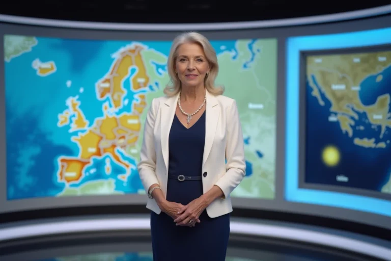 Femme élégante en studio météo avec carte moderne