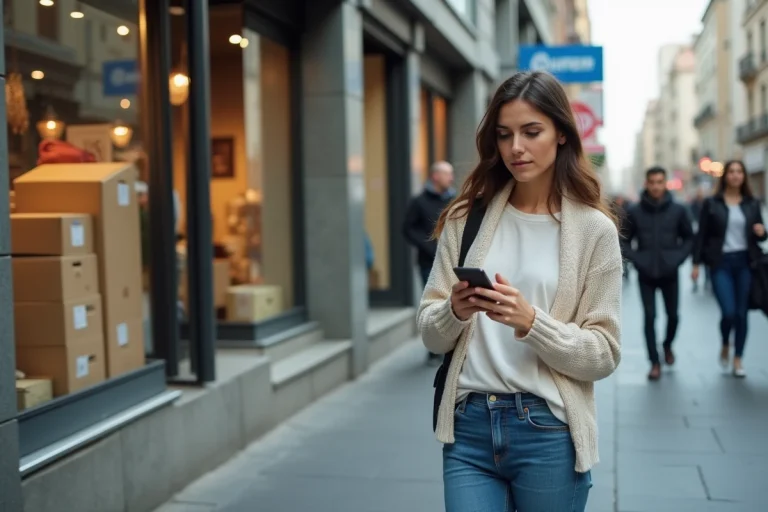 Femme en ville regardant son smartphone dans la rue animée