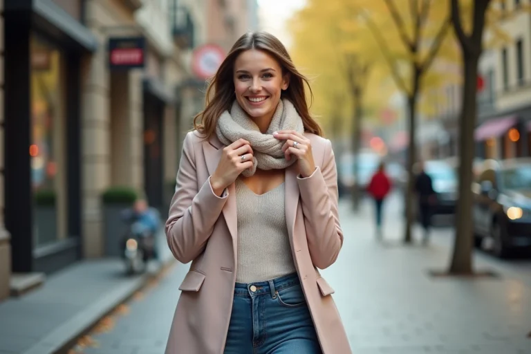 Femme souriante en blazer pastel dans une rue urbaine chic