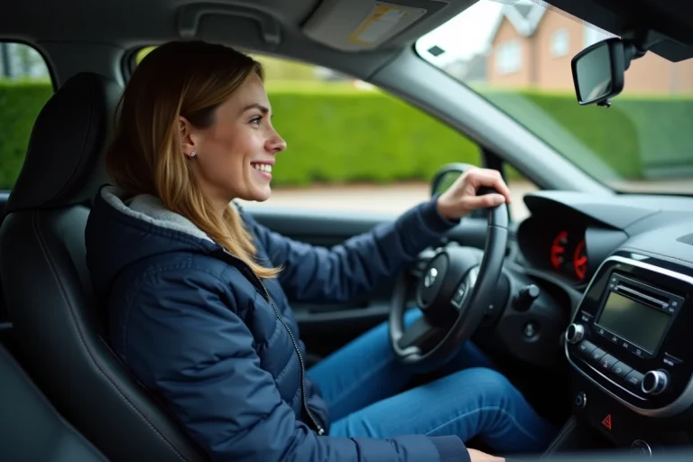 Femme en voiture allumant les feux de brouillard en extérieur