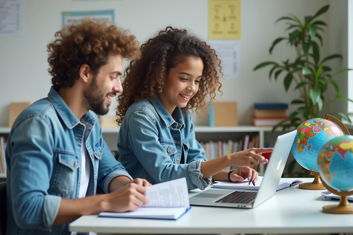 Fille de 16 ans en étude avec un tuteur dans un bureau