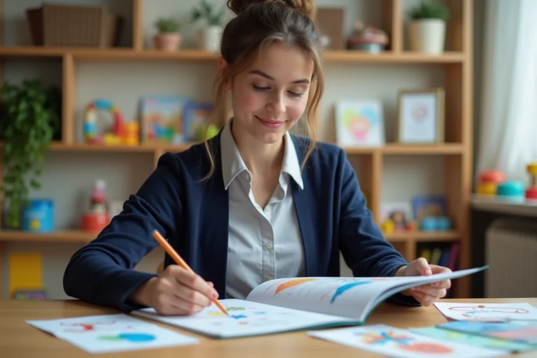 Jeune femme examinant un portfolio d'arts d'enfants dans un centre