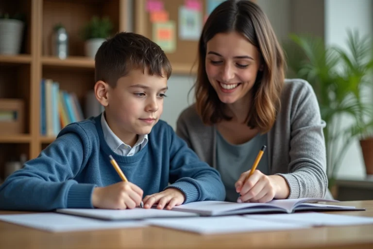 Garçon de 12 ans en classe avec une tutrice à la maison