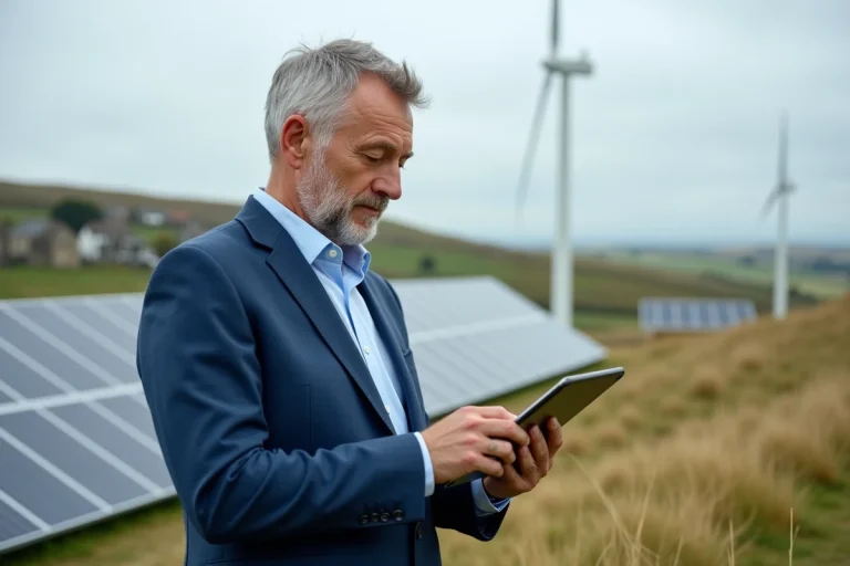 Homme d'affaires breton en costume bleu analysant des données solaires