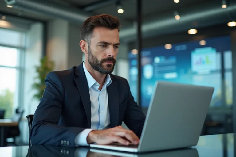 Homme d'affaires en tenue smart casual travaillant sur un ordinateur dans un bureau moderne