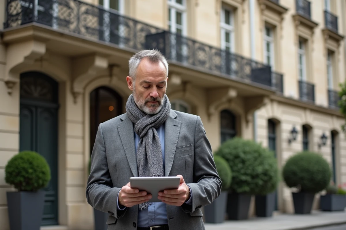 Homme en costume regarde façade d un immeuble ancien
