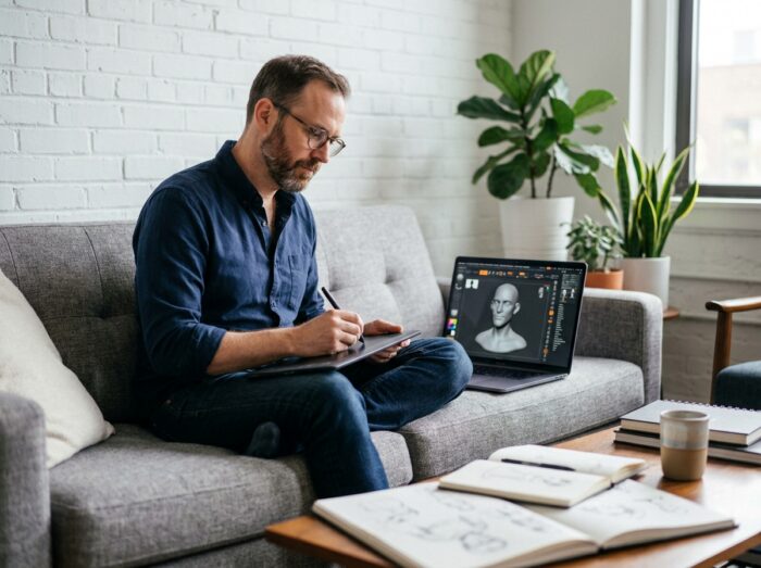 Homme apprenant la sculpture 3D sur tablette graphique et ordinateur portable dans un salon moderne