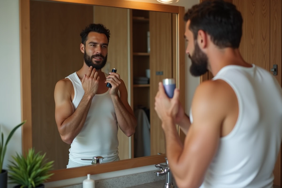 Homme en t shirt blanc appliquant apres rasage dans la salle de bain