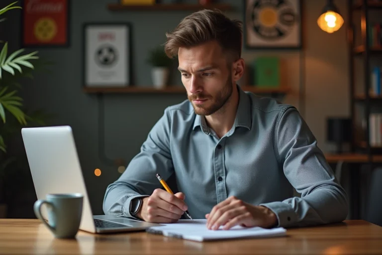 Homme concentré analysant des statistiques de paris sportifs