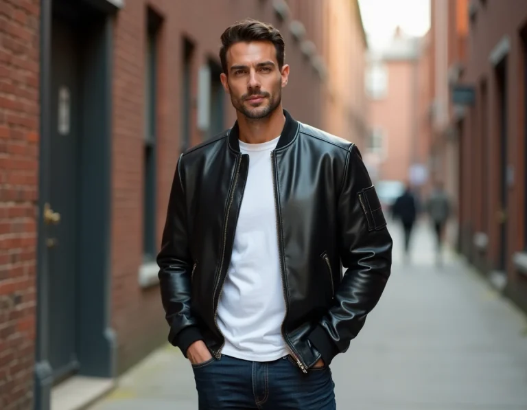 Homme portant un bombers Schott en cuir noir sur un trottoir urbain, style tendance décontracté