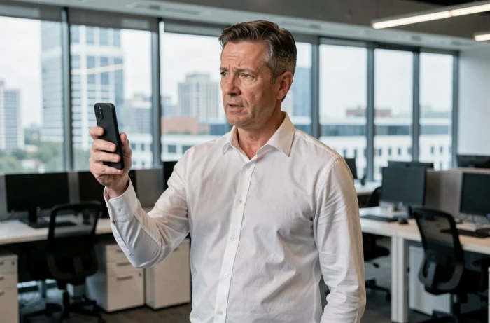 Homme en bureau vérifiant un numéro de téléphone inconnu avant de répondre à un appel