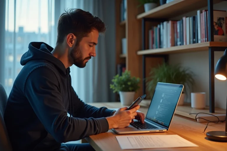 Homme en hoodie assis à son bureau à la maison