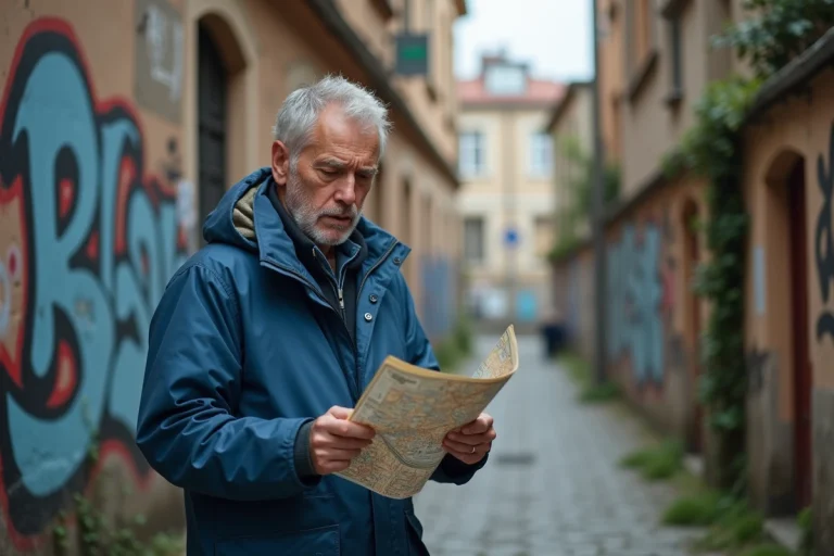 Homme d'âge moyen consulte une carte dans un quartier de Bucharest