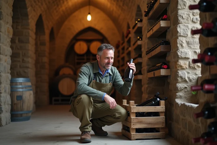 Homme inspectant une bouteille dans une cave à vin ancienne