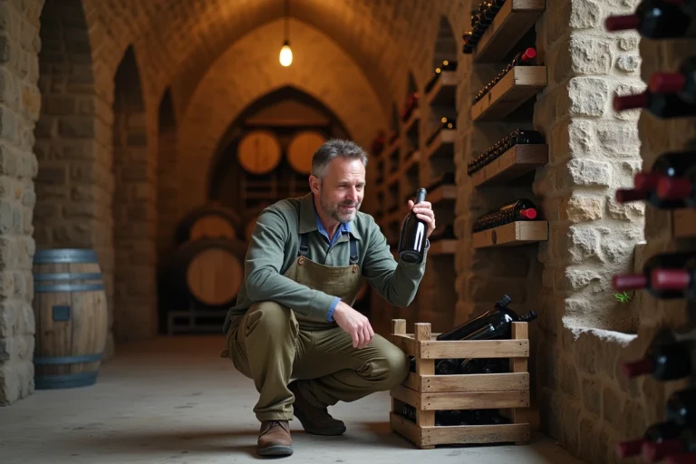 Homme inspectant une bouteille dans une cave à vin ancienne