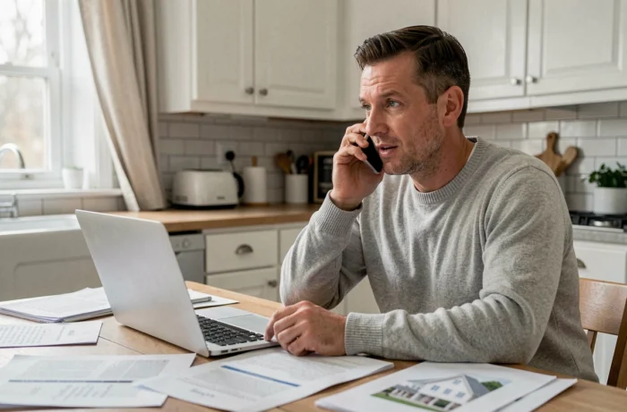 Homme contactant une agence immobilière par téléphone depuis son domicile avec des annonces immobilières sur la table
