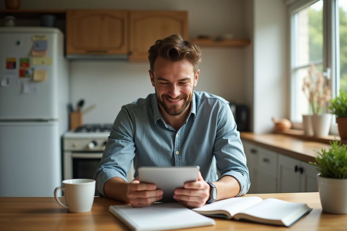 Homme détendu vérifiant une tablette dans la cuisine